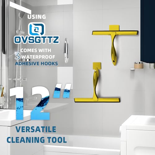 Image of All-Purpose Shower Squeegee for Shower Glass Door with 3 Adhesive Hooks, Stainless Steel Shower Door Squeegee for Bathroom, Household Window, Car Windshield, Mirrors, Tiles Clear, 12 inch, Golden