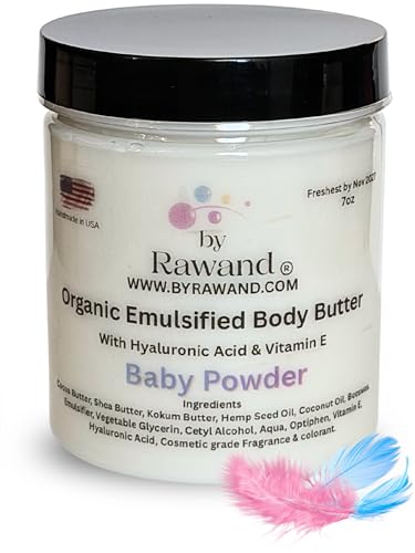 ByRawand Handmade baby powder Body buttercream with Shea & Cocoa butter based with natural oils & Hyaluronic Acid - non greasy, moisturizing (White (Baby Powder))