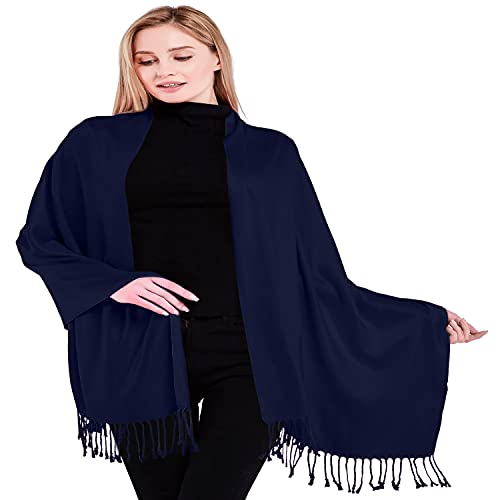 CJ Apparel Navy Blue Dark Blue Solid Color Tassels Design Nepalese Shawl Seconds Scarf Wrap Stole Throw Head Wrap Pashmina Hand Made in Nepal New4