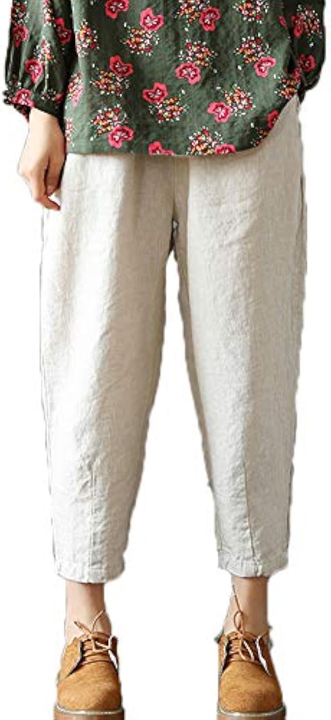LaovanIn Women's Linen Cropped Pants Tapered Ankle Capris Trousers Elastic Waist