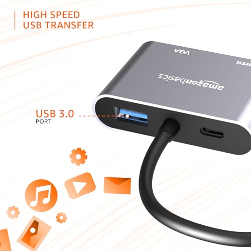 Image of Amazon Basics 4-in-1 Hub Multiport Adapter with HDMI 4K, VGA 1080P, USB 3.0, 100W USB-C PD Port for PC, MacBook, Mac mini, iMac, and Tablet