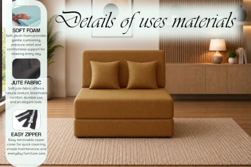 Image of Sofa Cum Bed with Jute Fabric, Convertible One Seater Sofa Bed 3x6 Ft, Comfortable Cushioned Seating, Space Saving Design for Living Room, Bedroom & Guest Room - Golden Color