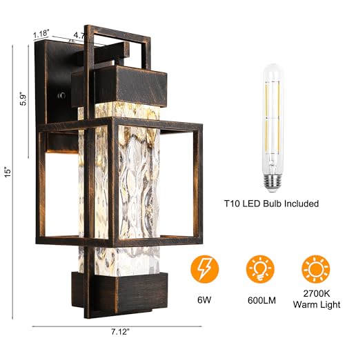 PARTPHONER Modern Outdoor Light Fixtures Dusk to Dawn Outdoor Lighting 2 Pack, 15" Exterior Wall Sconce Waterproof Outside Porch Light for House with Water Glass Black Brushed Gold by PARTPHONER - Image 4