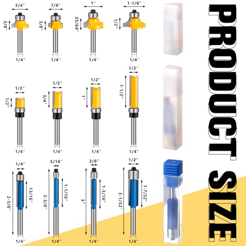 12 Pcs Router Bits Including 4 Flush 4 Roundover 4 Pattern Flush Trim Router Bits, All 1/4 Shanks, Ideal for Cutting on Wooden Materials, 4 Sizes, 3styles