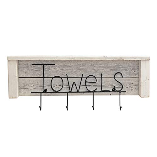 Drakestone Designs Wood Bathroom Towel Hooks with Shelf, Whitewash, 24 Inches