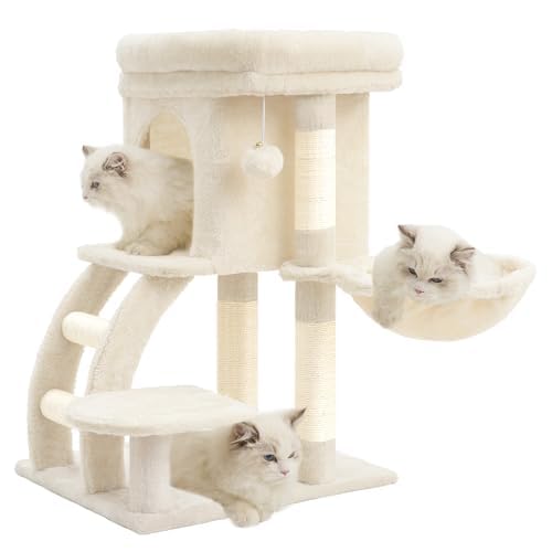 Heybly HCT009SM Scratching Post for Cats, Small Scratching Post for Cats, 75 cm High with Top Platform, Den, Hammock, Climbing Ladder, Cat Play, Cat Furniture, Beige