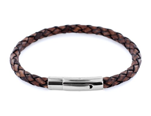 Auroris Echtleder-Armband geflochten 5mm mit Hebeldruckverschluss aus Edelstahl - Länge: 21cm / Farbe: antik-braun