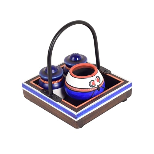 Image of Aakriti Art Creations Flavor Harmony Blue Tray Set with Ceramic Salt & Teak Wood | Handcrafted Abstract Art Kitchen & Dining Organizer Set | Matte & Glossy Finish Salt Pepper with Toothpick Holder