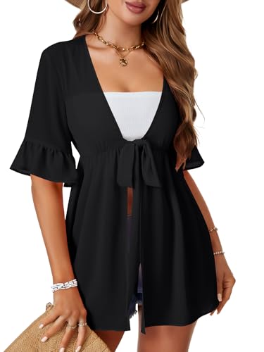 LYANER Women's V Neck Flounce Half Sleeve Tie Knot Front Coverup Beach Cardigan Blouse