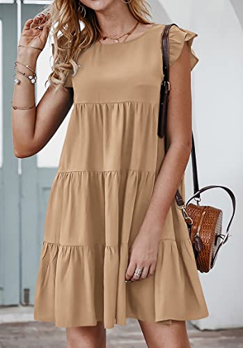 Image of KIRUNDO Summer Dresses for Women Sundress Sleeveless Ruffle Sleeve Round Neck Loose Short Flowy Pleated Mini Babydoll Dress