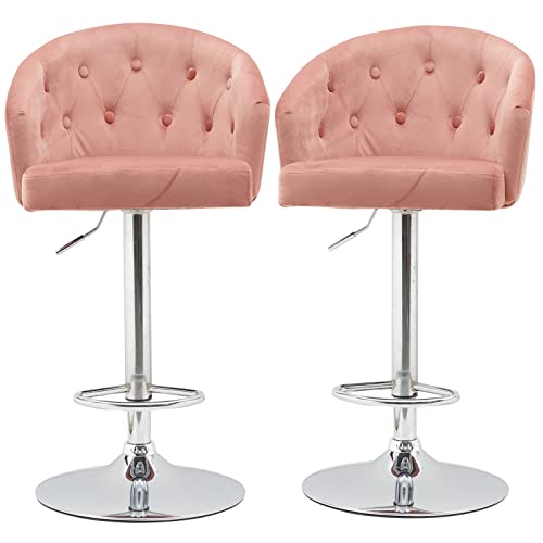 Bxcsmfa Set Of 2 Bar Stools With Back Counter Height Barstool Velvet Adjustable Swivel For Kitchen Counter Bar Dining Room Living Bedroom Pink Bar Stools With Button Tufted & Rivets Decorative #TOP14