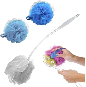 EZ Switch Pouf Bath Brush - Reusable Eco Handle Short Handle w 3 Poufs