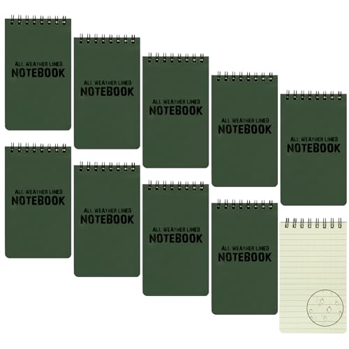 10 Pack Waterproof Notebook, All-Weather Pocket Sized Tactical Notepad, Top Spiral Memo Grid Paper Notepad for Outdoor Activities Recording(Green, 3″X 5″)