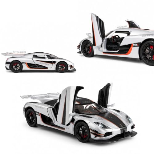 Image of 1:24 Scale Koenigsegg One:1 Diecast Model Car with LED Lights & Engine Sound | Premium Metal Body | Openable Doors via Roof Button | Realistic Collectible Toy for Kids & Adults- Silver
