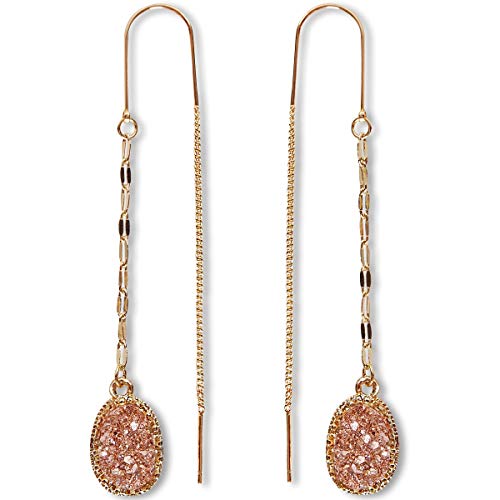 Humble Chic Simulated Druzy Chain Bar Threaders - Boho Gold-Tone Long Sparkly Needle Drop Earrings for Women, Rose Gold-Tone Stone, Metallic Pink, Bohemian