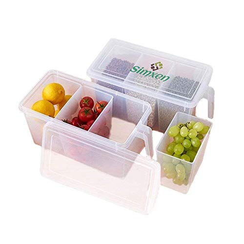 Image of Square Handle Refrigerator Food Storage Organizer ABS Plastic Container with Lid 3 Smaller Bins, 1 Piece, Transparent