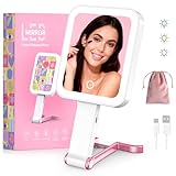 Fshyos Travel Makeup Mirror with Lights 10X/1X Double-Sided Magnifying LED Beauty Mirror Rechargeable Portable Vanity Mirror with 3 Color Lighting Smart Touch Dimming Desktop Handheld Hanging