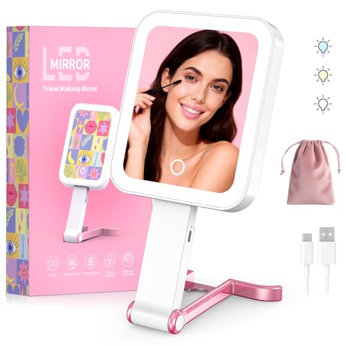 Fshyos Travel Makeup Mirror with Lights 10X/1X Double-Sided Magnifying LED Beauty Mirror Rechargeable Portable Vanity Mirror with 3 Color Lighting Smart Touch Dimming Desktop Handheld Hanging
