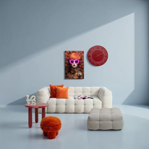 Kare Design LED-Wandbild Fancy Red Lady, Rot, 75x55cm, Gerahmtes Bild, Wandkunst, Gemälde, Acryl, Frau mit leuchtender Brille, Wohnzimmer