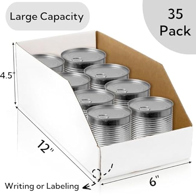 35 Pack Cardboard Storage Bins, 12 x 6 x 4.5 Corrugated Open Top Box, White Pantry Shelf Organizer Bins for Parts Snacks, Ideal for Garage Warehouse Home Packing Moving, Easy Assembly