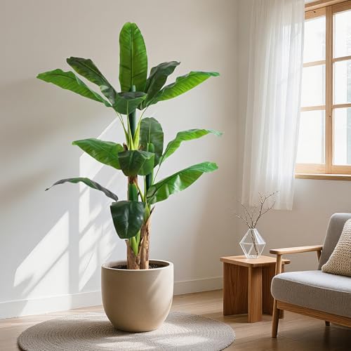 Image of 5ft Extra Tall Artificial Banana Tree, Fake Banana Leaf Plant with 12 Faux Banana Leaves, Perfect for Home Indoor Outdoor Patio Office Tropical Decor