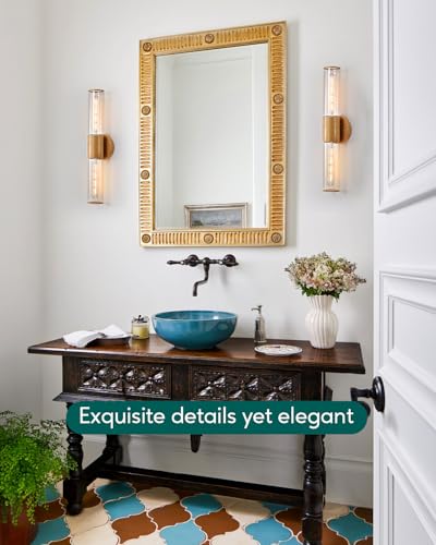 Image of Bathroom Vanity Lighting Fixture, 2-Light Wood Grain Wall Sconce Light Fixture with Clear Glass, E26 Socket Indoor Wall Lamp, Modern Wall Sconce for Mirror Living Room