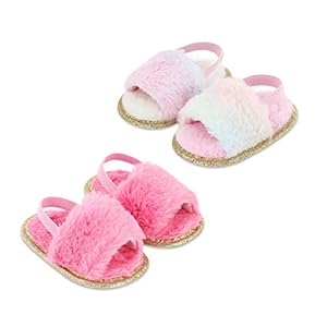 2 Pack Infant Baby Girls Sandals Elastic Back Strap Flats Slippers Soft Toddles Princess Shoes Faux Fur Slides Shoes First Walker House Shoes