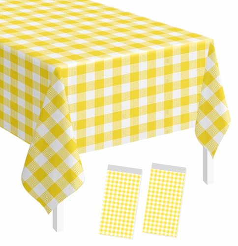 Image of SietDESEO 2 Pack Yellow Gingham Tablecloth Rectangle 54 x 108 Yellow and White Checkered Table Cloth Disposable Plaid Table Cover Plastic for Birthday Baby Shower Picnic Wedding Party Supplies