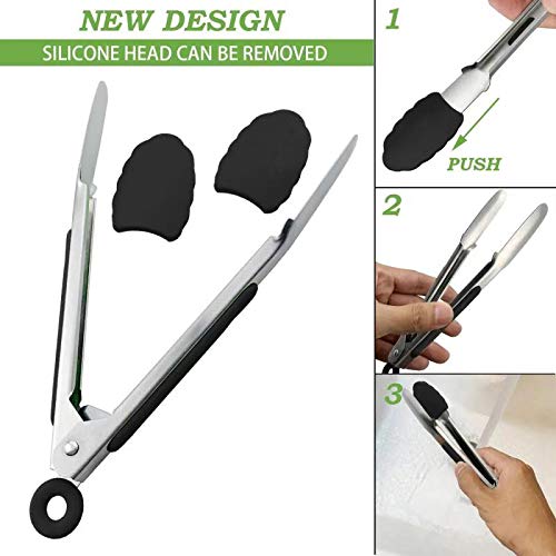 HINMAY Small Serving Tongs with Silicone Tips 7 Inch Mini Stainless Steel Food Tongs, Set of 3 (Black)