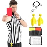 rookea 5 Pcs Halloween Referee Costume Kit, Referee Costume for Boy Kids Men, Sports Costume Shirt Uniform Umpire Whistle Yellow Penalty Flag Card for Halloween Basketball Football Soccer Accessories