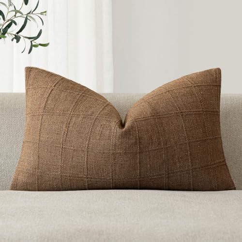 Image of Foindtower Set of 1 Decorative Linen Check Throw Pillow Cover Neutral Farmhouse Lumbar Cushion Cover Modern Boho Home Decor for Sofa Chair Couch Bedroom Living Room,12x20 Inch,Brown Hazel