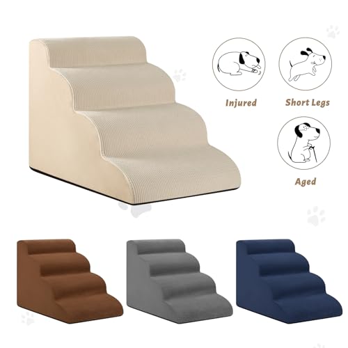 Image of Aodisman Dog Steps for Bed or Couch,4-Step Pet Stairs Ramp for Small Dogs | 17.4 inch H Indoor Non-Slip Dog Stairs Help Senior Dogs,Short-Legged Breeds,Puppies and Cats to Reach Beds and Chairs,Grey,Beige