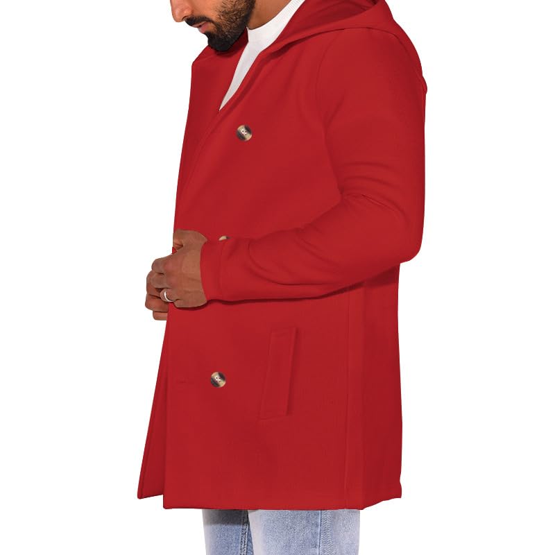 Men's Hooded Pea Coats Casual Classic Double Breasted Wool Coat Mid Lenth Business Trench Warm Coats3