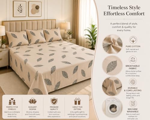 Image of 100% Pure Cotton King Size Bedsheet with 3 Pillow Covers | Family Size 90 x 100 Inches | Soft & Breathable Cotton Bedsheet fits Double Bed, Queen Bed, King Bed | Beige Leaf Print