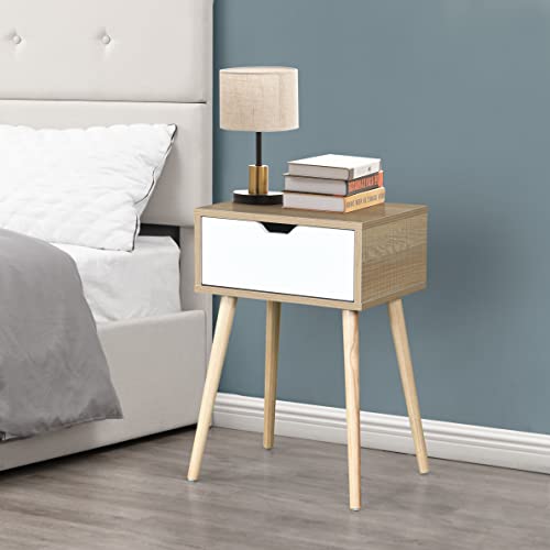 Kzzdysfly Bedside Cabinet with Two Drawers and Rubber Wooden Legs, Modern and Fashionable Storage Cabinet for Bedroom and Living Room Furniture (Natural + MDF)