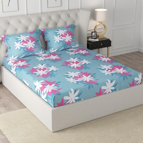Image of Cloth Fusion Elastic Fitted Queen Size Bed Sheet with 2 Pillow Covers, Soft Wrinkle Free Elastic Bedsheets for Queen Size Bed (78X60X8 inches, Floral Blue)