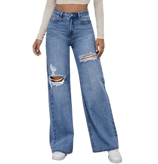 Women's High Waist Distressed Wide Leg Comfortable Fit Jeans - Black, Medium, Light Wash3