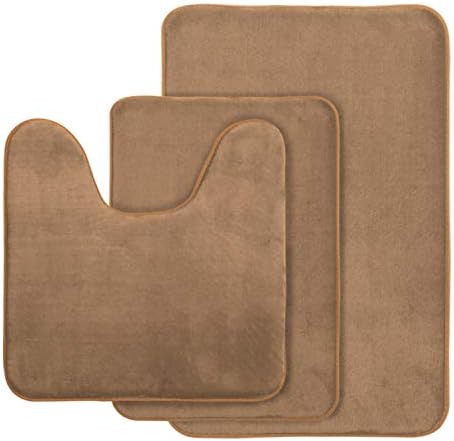 AOACreations Memory Foam Bath Rug, Bathroom Mat Set of 3, Soft, Plush, Absorbent, Low Pile, Includes 1 Large 20" x 32", 1 Contour 20" x 20", 1 Small 16" x 24" (Light Brown)