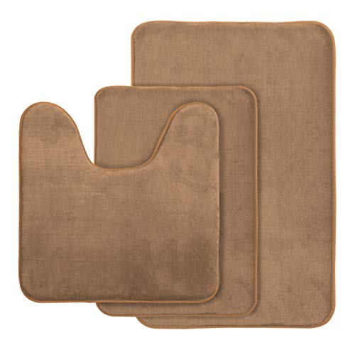 Aoacreations Memory Foam Bath Rug, Bathroom Mat Set Of 3, Soft, Plush, Absorbent, Low Pile, Includes 1 Large 20" X 32", 1 Contour 20" X 20", 1 Small 16" X 24" (Light Brown) #TOP1