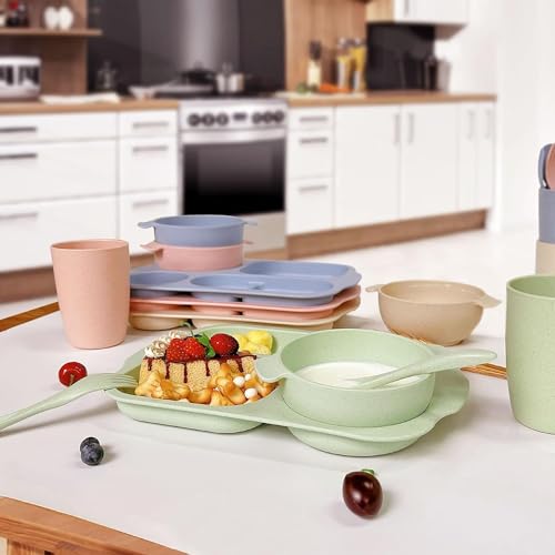 shopwithgreen Wheat Straw Dinnerware Cutlery Set, 20 PCS Kids Toddlers Divided Plates and Bowls Sets, Microwave Unbreakable Tableware Spoon Knife Cup, Dishwasher Safe for Kitchen Picnic School — view 5