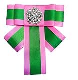 Ribbon Bow Tie Pearl Brooch Bow Pin, Pink and Green Grosgrain Ribbon with Crystal Accent, Decorative Fashion Accessory, Sorority Paraphernalia Flower Brooch Pin for Women Greek, AKA Sorority Inspired for D9 Events, Conferences, Luncheons, J15