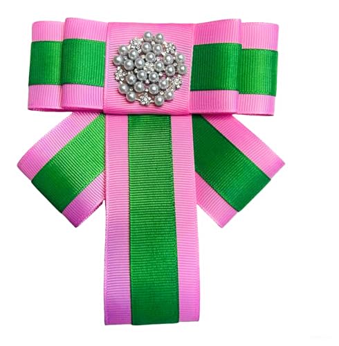 Ribbon Bow Tie Pearl Brooch Bow Pin, Pink and Green Grosgrain Ribbon with Crystal Accent, Decorative Fashion Accessory, Sorority Paraphernalia Flower Brooch Pin for Women Greek, AKA Sorority Inspired for D9 Events, Conferences, Luncheons, J15