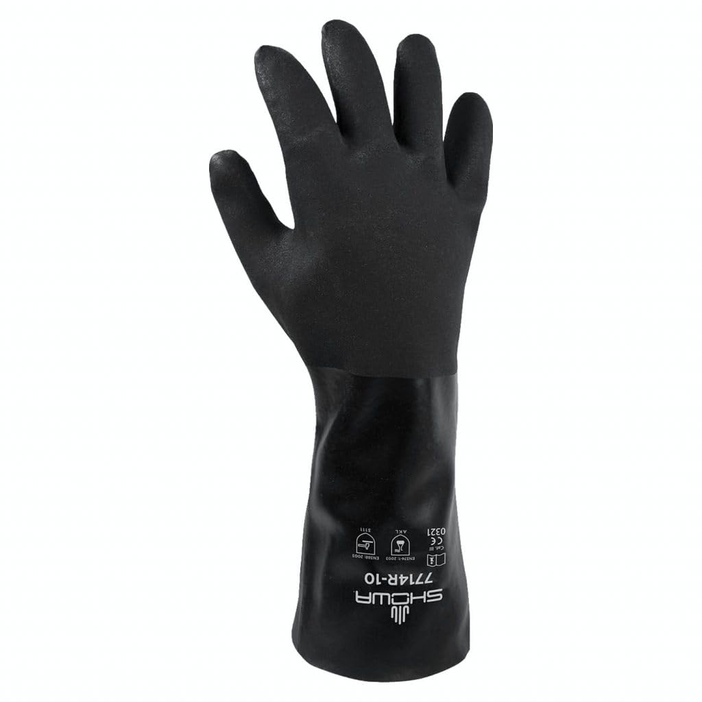 SHOWA 7714 PVC Chemical Resistant Safety Glove with Cotton Jersey Liner and Rough Grip, 14" Length, for Vending Machines, Large (12 Pair)