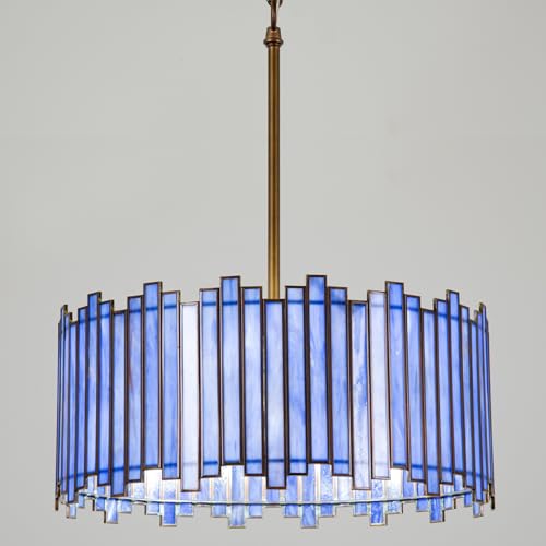 Wrlmfy Drum Chandelier 4-Light, Antique Brass Tiffany Pendant Lighting Fixture with Stained Deep Blue Glass Shade, 16” Round Ceiling Hanging Lamp for Bedroom Dining Room Kitchen Entryway Living Room by Wrlmfy - Used condition - US$149.36