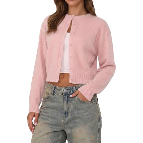 Image of Women Y2K Button Front Crop Sweater Cardigan Solid Color Crew Neck Long Sleeve Knit Fall Tops Streetwear