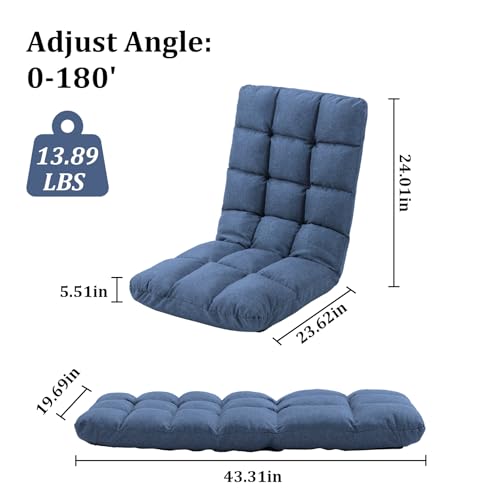 Image of Folding Floor Gaming Chair with Back Support, 14-Position Adjustable Recliner - Padded Cushion with Breathable Linen & Cotton Blend for Adults & Kids, Perfect for Gaming, Reading & Meditation (Blue)