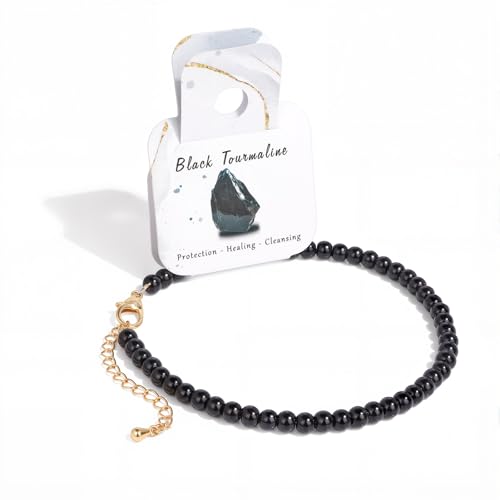 Bolinailo Natural Stone Beaded Anklets for Women Handmade Boho Black Tourmaline 4mm Crystal Beads Anklet Gold Chain Adjustable Ankles Bracelet Beach Summer Jewelry Gemstone Foot Bracelet Gift