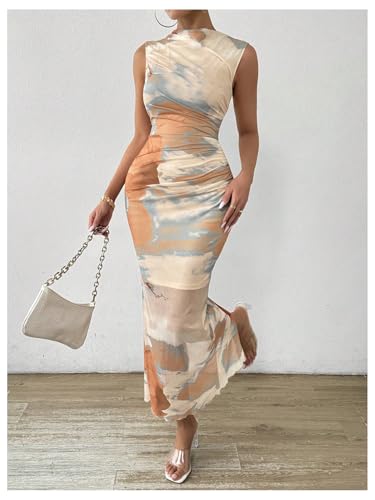 SweatyRocks Women's Tie Dye Maxi Dress Mock Neck Sleeveless Fitted Sheer Mesh Bodycon Dresses4