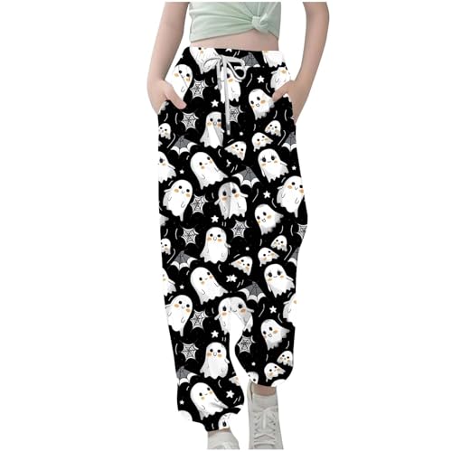 Girls Cute Ghost Print Sweatpants Athletic Drawstring Joggers Halloween Track Pants with Pockets for Kids 3-13 Years