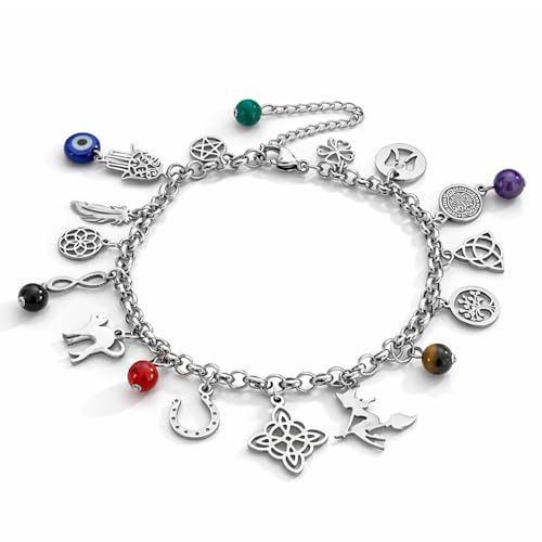 Simboliks Pulsera con Amuletos de acero inoxidable, protección contra el mal de ojo y hechizos, Buena suerte, Brazalete de Bruja, Amuleto de Brujas, Talismán, Protegida contra todo mal